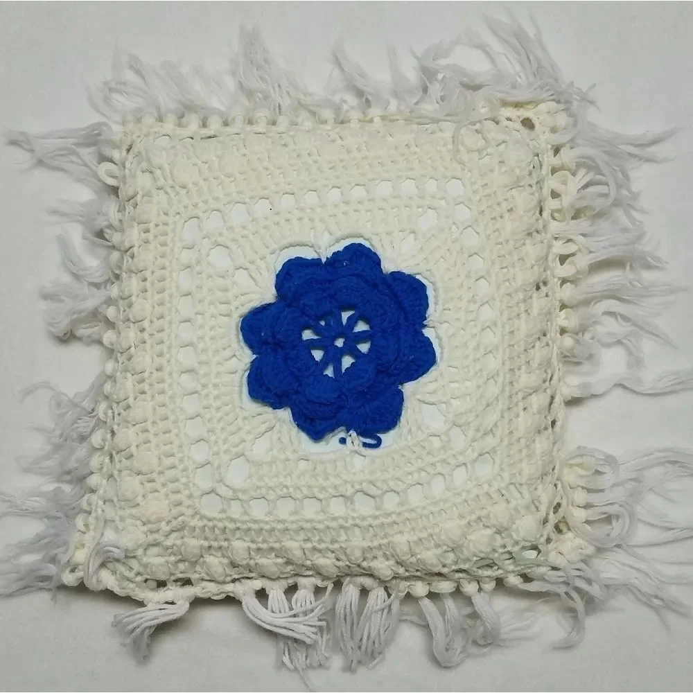 VINTAGE Blue Cream Floral Handmade Crochet Pillow